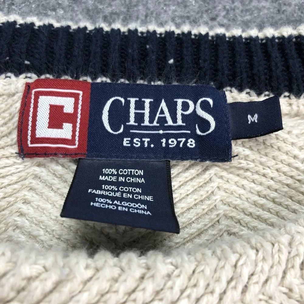 Chaps Sweater Mens Medium White Cotton Herringbone Knit Crewneck Pullover Logo